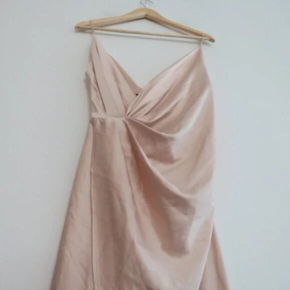 HOUSE OF CB Coco Drape Back Satin Wrap Midi Dress in Nude Champagne - Size S - Picture 10 of 16